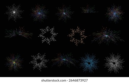  14 Brilhante colorido fogos de artifício plano design vetor ilustração no fundo preto