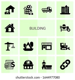 14 building filled icons set isolated on white background. Icons set with house, tower crane, Camping, concrete mixer, Real estate service, Business Company, Tipper, castle icons.