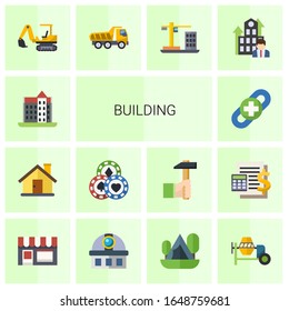 14 building flat icons set isolated on white background. Icons set with castle, house, Casino, link building, excavator, Tipper, Construction, Business Company, Small business icons.