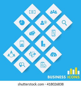 14 business, finance, commerce icons on rhombic shapes, vector illustration