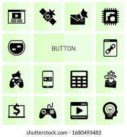 Los iconos rellenos de 14 botones están aislados en fondo blanco. Iconos con Aquarium, Publicidad en el juego, Juego Móvil, Enlace Web, Video blog, satélite, Marketing por Correo Electrónico, Iconos de reparación Electrónica.