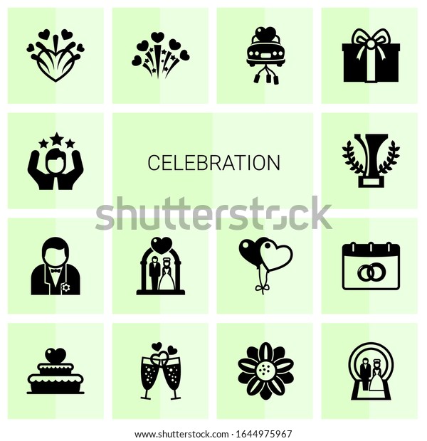 14\
celebration filled icons set isolated on white background. Icons\
set with groom, wedding ceremony, champion, firework, fireworks,\
just married car, gift, wedding cake\
icons.