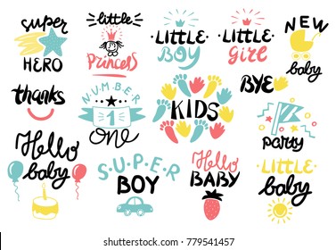 14 children logo with handwriting Little boy, girl, BYE, Princess, Hello baby, Super hero, Party, Number one, Thanks. Kids background Poster Emblem Card