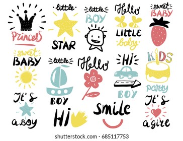 14 children s logo with handwriting Little boy, It s a girl, Hi, Princess, Smile, Sweet baby, Hello, Star. Kids background. Poster Emblem