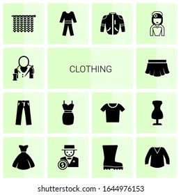 14 clothing filled icons set isolated on white background. Icons set with tailor, trousers, dress, skirt, Knitting, pyjamas, jacket, bride, bride dress, rich man, Rubber boots icons.