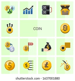 14 coin flat icons set isolated on white background. Icons set with Fork, crypto-exchange, Initial Coin Offering, bitcoin, Cryptocurrency, Profit, mining farm, treasure icons.