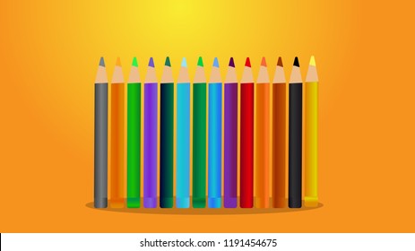 14 color pencil vector isolated on yellow background