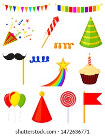 14 colorful cartoon party elements set. Birthday themed vector illustration for icon, stamp, label, certificate, brochure, gift card, poster, coupon or banner decoration