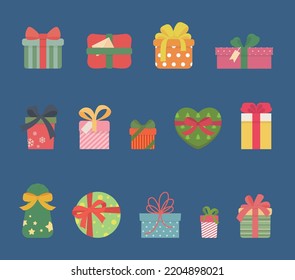 14 colorful gift boxes, striped, polka dot, patterned, printed, beautiful ribbon, christmas gift, birthday gift, wedding gift, celebrate birthday or wedding in vector cartoon style