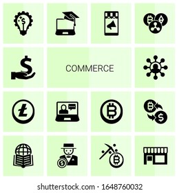 14 commerce filled icons set isolated on white background. Icons set with investment, Altcoin, eCommerce solutions, Affiliate marketing, Marketing solutions, eCommerce icons.