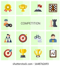 14 competition flat icons set isolated on white background. Icons set with gamer, Leadership, Target, Strategy game, achievement, award, attainment, Chess, goal, reward icons.