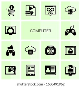 14 iconos rellenos de ordenador que se establecen aislados en fondo blanco. Iconos con reparación de ordenadores, publicidad en el juego, marketing por correo electrónico, juegos, formación en línea, iconos de compresión de vídeo.