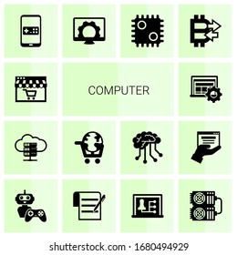 14 computer filled icons set isolated on white background. Icons set with Distance Learning, e-Book, eLearning, Interactive Course, Mobile game, Computer repair, AI Decision icons.