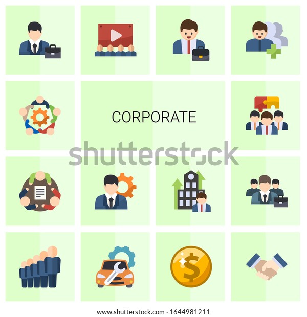 14 corporate flat icons set isolated on white\
background. Icons set with teamwork, manager, Team building,\
professional, Audience, Entrepreneur, Followers, staff, Car repair\
service icons.