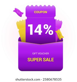 14% coupon promotion sale. Fourteen percent off super sale design. Envelope with paper vouchers and gift voucher. Vector illustration. Purple and yellow style.