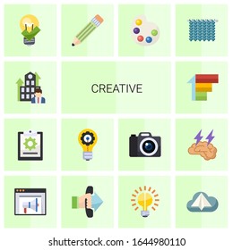 14 creative flat icons set isolated on white background. Icons set with Business Company, project, innovation, Priority, great solution, Pencil, Artists palette, Knitting icons.