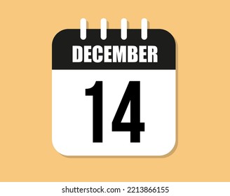 14 day december icon. Black and white december month calendar vector on orange background.