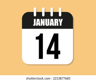 14 day january icon. Black and white january month calendar vector on orange background.