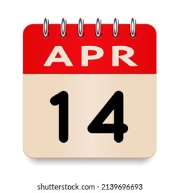 14 day of the month. April. Flip old formal calendar daily icon. Date day week Sunday, Monday, Tuesday, Wednesday, Thursday, Friday, Saturday. Cut paper. White background. Vector illustration. 3d