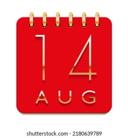 14 day of the month. August. Luxury calendar daily icon. Date day week Sunday, Monday, Tuesday, Wednesday, Thursday, Friday, Saturday. Gold text. Red paper. Vector illustration.