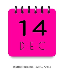 14 day of the month. December. Pink calendar daily icon. Black letters. Date day week Sunday, Monday, Tuesday, Wednesday, Thursday, Friday, Saturday. Cut paper. White background. Vector illustration.