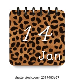 14 day of the month. January. Leopard print calendar daily icon. White letters. Date day week Sunday, Monday, Tuesday, Wednesday, Thursday, Friday, Saturday.  White background. Vector illustration.