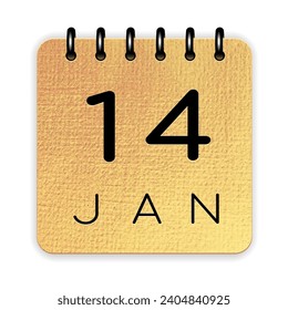 14 day of the month. January. Luxury gold calendar daily icon. Date day week Sunday, Monday, Tuesday, Wednesday, Thursday, Friday, Saturday.