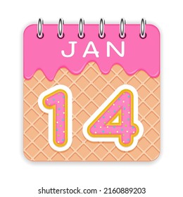 14 day of a month. January. Waffle cone calendar with melted ice cream. 3d daily icon. Date. Week Sunday, Monday, Tuesday, Wednesday, Thursday, Friday, Saturday. White background Vector illustration