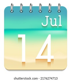 14 day of the month. July. Marine view  calendar daily icon. Date day week Sunday, Monday, Tuesday, Wednesday, Thursday, Friday, Saturday. White text. Sea background. Vector illustration. Sea coast.