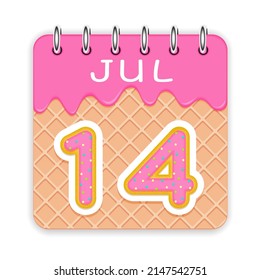 14 day of the month. July. Waffle cone calendar with melted ice cream. 3d daily icon. Date. Week Sunday, Monday, Tuesday, Wednesday, Thursday, Friday, Saturday. White background. Vector illustration.