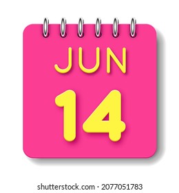 14 day of the month. 14 June. Cute calendar daily icon. Date day week Sunday, Monday, Tuesday, Wednesday, Thursday, Friday, Saturday.