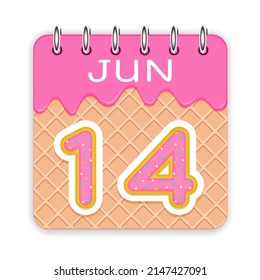 14 day of the month. June. Waffle cone calendar with melted ice cream. 3d daily icon. Date. Week Sunday, Monday, Tuesday, Wednesday, Thursday, Friday, Saturday. White background. Vector illustration.