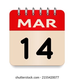 14 day of the month. March. Flip old formal calendar daily icon. Date day week Sunday, Monday, Tuesday, Wednesday, Thursday, Friday, Saturday. Cut paper. White background. Vector illustration. 3d