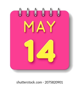 14 day of the month. 14 May. Cute calendar daily icon. Date day week Sunday, Monday, Tuesday, Wednesday, Thursday, Friday, Saturday.