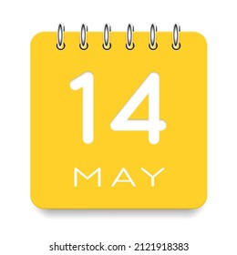 14 day of the month. May. Cute yellow calendar daily icon. Date day week Sunday, Monday, Tuesday, Wednesday, Thursday, Friday, Saturday. Cut paper. White background. Vector illustration.