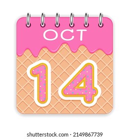 14 day of a month. October. Waffle cone calendar with melted ice cream. 3d daily icon. Date. Week Sunday, Monday, Tuesday, Wednesday, Thursday, Friday, Saturday. White background Vector illustration