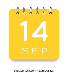 14 day of the month. September. Cute yellow calendar daily icon. Date day week Sunday, Monday, Tuesday, Wednesday, Thursday, Friday, Saturday. Cut paper. White background. Vector illustration.