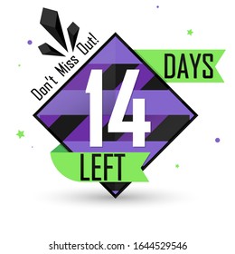 14 días para la venta, etiqueta de cuenta regresiva, oferta inicial, plantilla de diseño de banner de descuento, no se pierda, icono de aplicación, ilustración vectorial