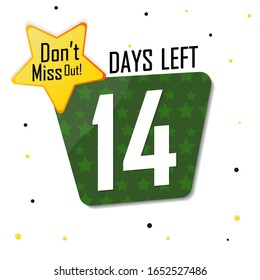 14 días para la venta, etiqueta de cuenta regresiva, oferta inicial, plantilla de diseño de banner de descuento, no se pierda, icono de aplicación, ilustración vectorial