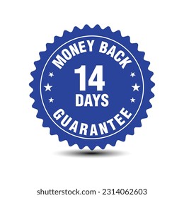 14 days money back guarantee blue color badge, sign, symbol, insignia, isolated on white background. Vector design.