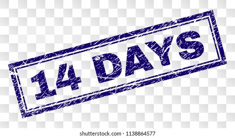 14 DAYS stamp seal imprint with corroded style and double framed rectangle shape. Stamp is placed on a transparent background. Blue vector rubber print of 14 DAYS tag with corroded texture.