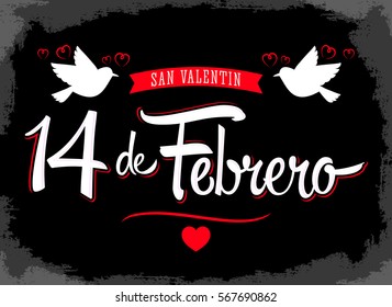 14 de febrero dia de San Valentin, Spanish translation: February 14 Valentines day, vector lettering