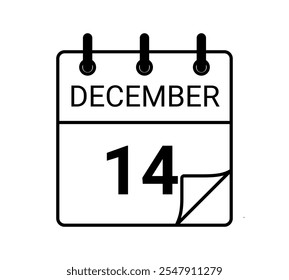 14 December calendar icon text page monthly web design on black and white background vector, icon, or illustration with the month of December 14