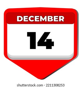 14 December vector icon calendar day. 14 date of December. Fourteenth day of December. 14th date number. 14 day calendar. Fourteen date. Vector illustration