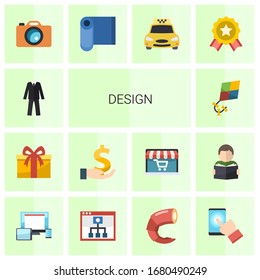 14 design flat icons set isolated on white background. Icons set with suit, gift, investment, Hobbie, Photo services, textile, Taxi service, achievement, responsive web design icons.