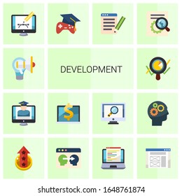 14 development flat icons set isolated on white background. Icons set with Creative campaign, eCommerce Strategy, Computer-Based Training, Marketing analytics, Webdesign icons.
