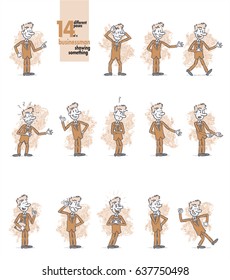14 different poses of a businessman showing something. The character is angry, sad, happy, doubting… Vector illustrations to isolates and funny cartoon characters.