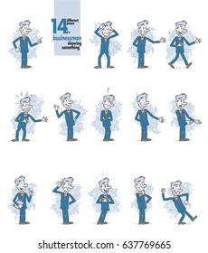 14 different poses of a businessman showing something. The character is angry, sad, happy, doubting… Vector illustrations to isolates and funny cartoon characters.