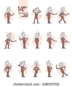 14 different poses of a businessman showing something. The character is angry, sad, happy, doubting… Vector illustrations to isolates and funny cartoon characters.