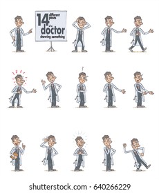 14 different poses of a white male doctor showing something. The character is angry, sad, happy, doubting… Vector illustrations to isolates and funny cartoon characters.